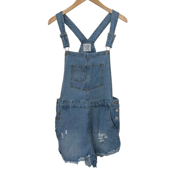 Denim Romper Shortalls Womens Large‎ Blue Cuffed Distressed Pockets Casual Boho - Picture 1 of 8
